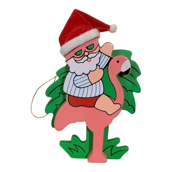 Rare Ornament Santa Claus Riding Pink Flamingo Green Palm Wooden Xmas Ornament - Picture 3 of 4